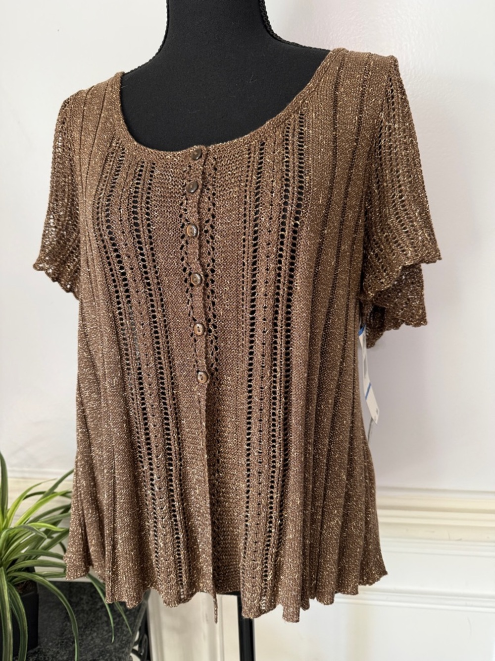 NWT Nine West Tribal Coffee Brown Metallic Gold Open Knit Top 1X
